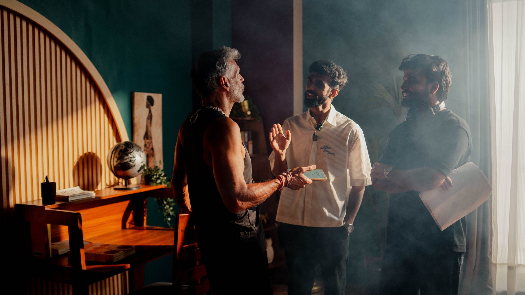 Behind the scenes, Centre for Sight with Milind Soman: Blocking the scene with Milind on the study set