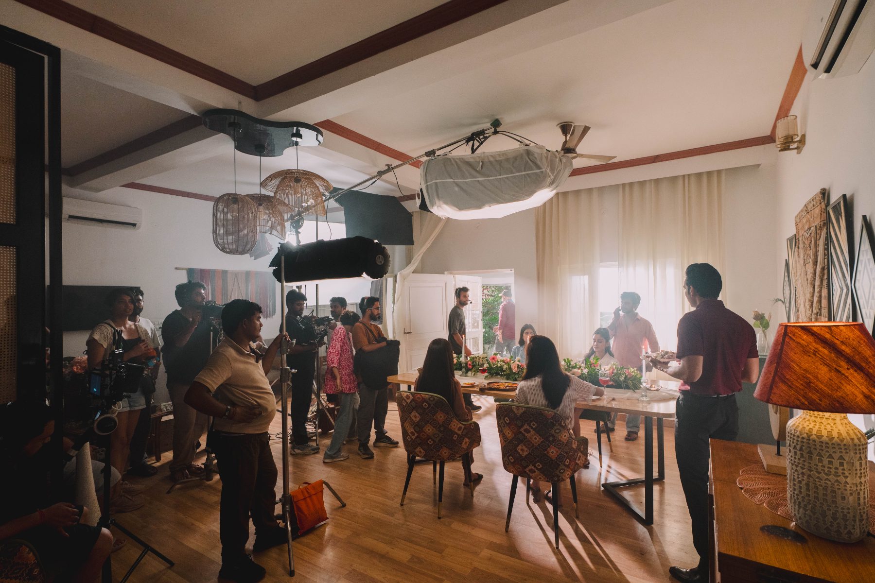 Wide view of the crew on the party set